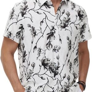 Men's Black and White Floral Button Down Shirt